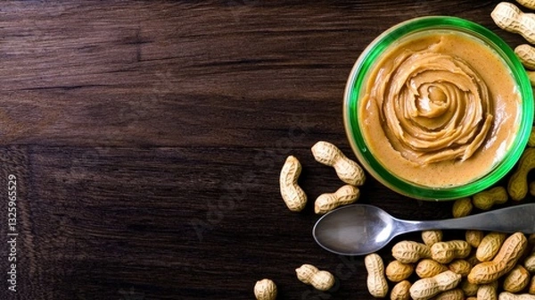 Fototapeta Creamy Peanut Butter in Jar  Wooden Table  Peanuts  Spoon