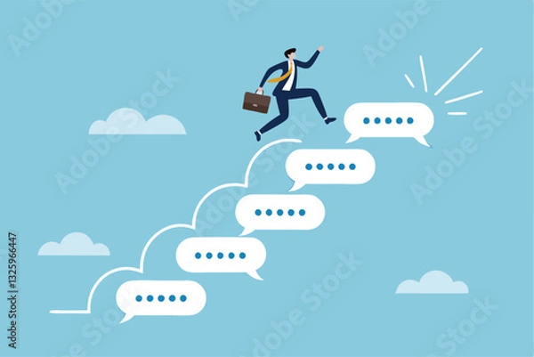 Fototapeta Advice, discussion talking, guidance, tips or suggestion for business success, help, wisdom, feedback to help develop improvement concept, businessman walk up speech bubble as stair to reach success.