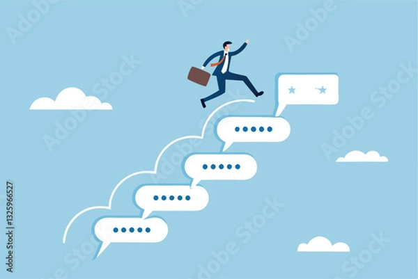 Fototapeta Advice, discussion talking, guidance, tips or suggestion for business success, help, wisdom, feedback to help develop improvement concept, businessman walk up speech bubble as stair to reach success.