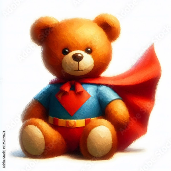 Fototapeta A charming illustration of a teddy bear superhero sitting with a red cape and heart on its chest, radiating cuteness and courage.