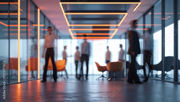 Fototapeta Blurred view of people in a modern office with orange lighting creating a vibrant atmosphere.