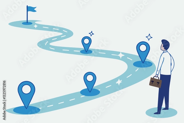 Fototapeta Success roadmap journey, milestone or career path achievement, route or pathway to achieve goals, accomplishment, assessment or way to success, businessman look at achievement milestone to success.