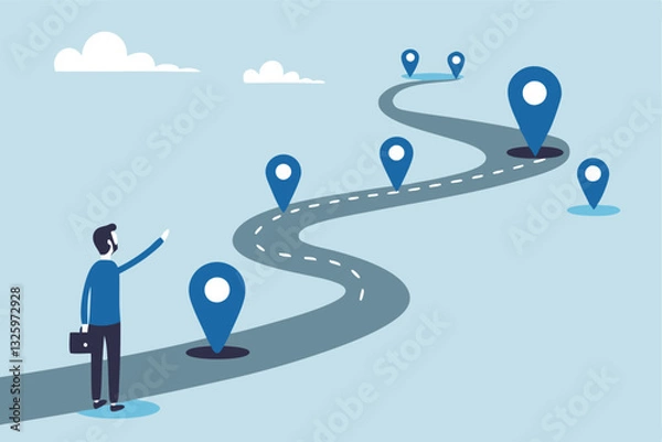 Fototapeta Success roadmap journey, milestone or career path achievement, route or pathway to achieve goals, accomplishment, assessment or way to success, businessman look at achievement milestone to success.