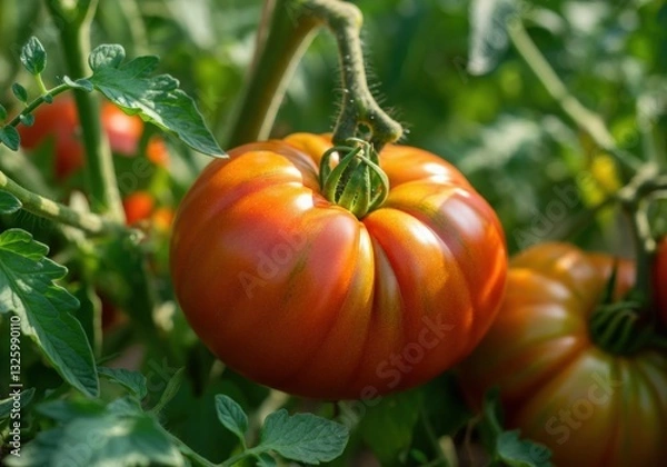 Fototapeta Ripe tomato growing on a vine in a lush garden setting