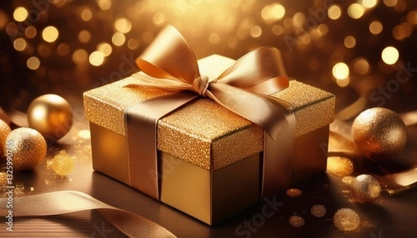 Fototapeta Luxury Easter gift box with a satin ribbon, glowing golden light, and elegant branding space, creating a sophisticated and premium presentation for an upscale gift experience.