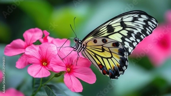 Fototapeta A vibrant butterfly rests on a delicate pink blossom, wings majestically unfurled. Its gaze turns gently to the right, creating a serene tableau in nature's embrace