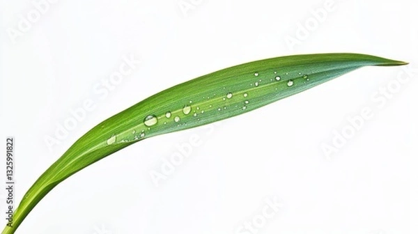 Fototapeta Close-up of a green leaf with water droplets on a white background, showcasing nature's beauty