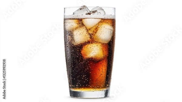 Fototapeta Refreshing glass of fizzy cola with ice cubes, set against a clean white background
