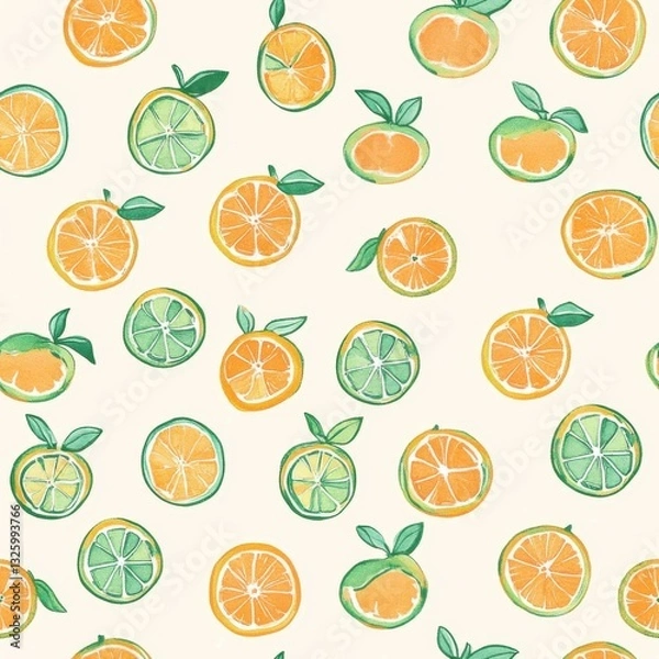 Fototapeta Bright watercolor doodle of citrus fruits arranged in a playful pattern on a light background