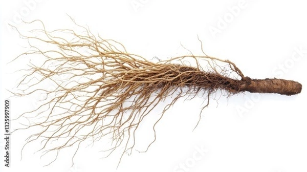 Fototapeta Detailed view of a dried root with intricate branching, set against a clean white background, ideal for herbal studies