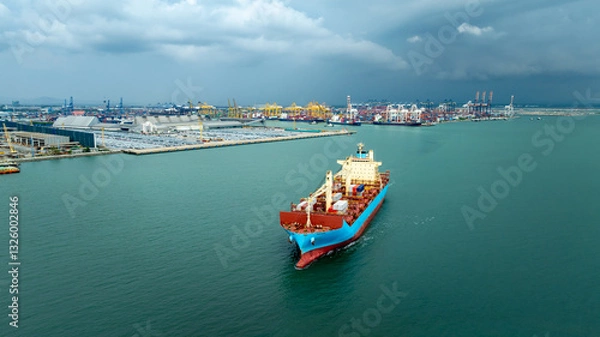 Obraz Aerial front view shipping container carrier container depart from commercial port in the rainy season, business and industry delivery service of cargo logistics  to import and export by ship freight
