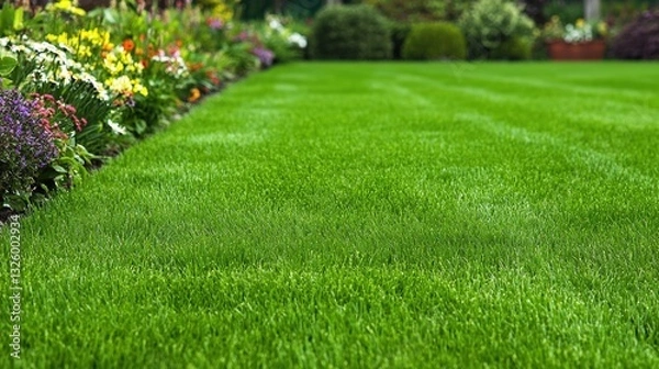 Fototapeta Freshly Mowed Lawns A lush, freshly cut lawn extending into the distance, bordered by colorful flowerbeds and trees, creating a picturesque suburban scene.