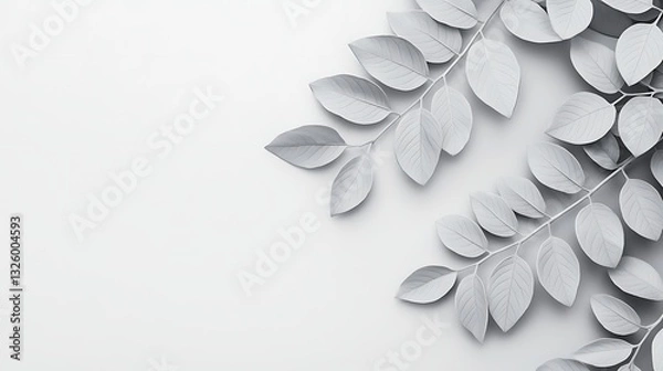 Fototapeta A minimalistic arrangement of pale green leaves on a light background, showcasing a clean and serene aesthetic.