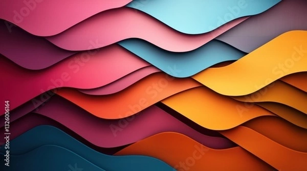 Obraz Abstract Top-View Vivid Colorful Layered Wavy Paper, Elegant Texture, 3D Render,  Artistic Wallpaper, Smooth Gradient, Colorful Background, Backdrop.