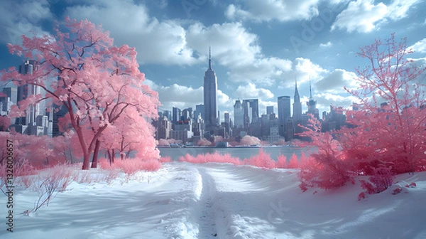Obraz Serene winter landscape featuring pink trees and the iconic skyline of New York City under a blue sky