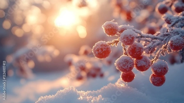 Fototapeta red berries on snow