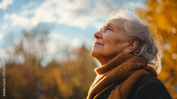 Fototapeta Senior woman taking a deep breath while enjoying the fresh autumn air in a tranquil park setting