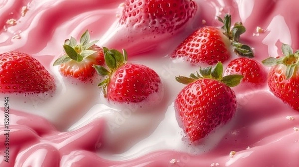 Fototapeta 114.A bold composition of liquid milk and smoothie streams in pink and white, encircling fresh strawberries with detailed seeds and stems, all set against a vibrant solid-color backdrop.