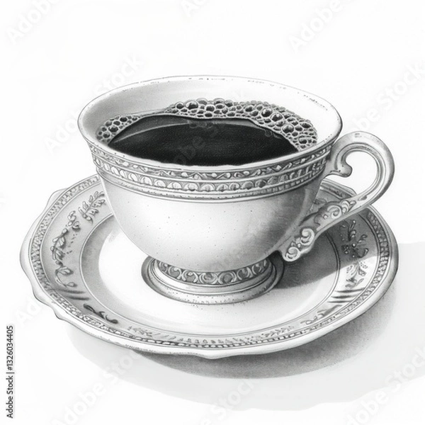 Fototapeta A finely crafted porcelain cup filled with rich dark coffee sits elegantly on a decorative saucer. The bright setting enhances the intricate details of the cup and saucer