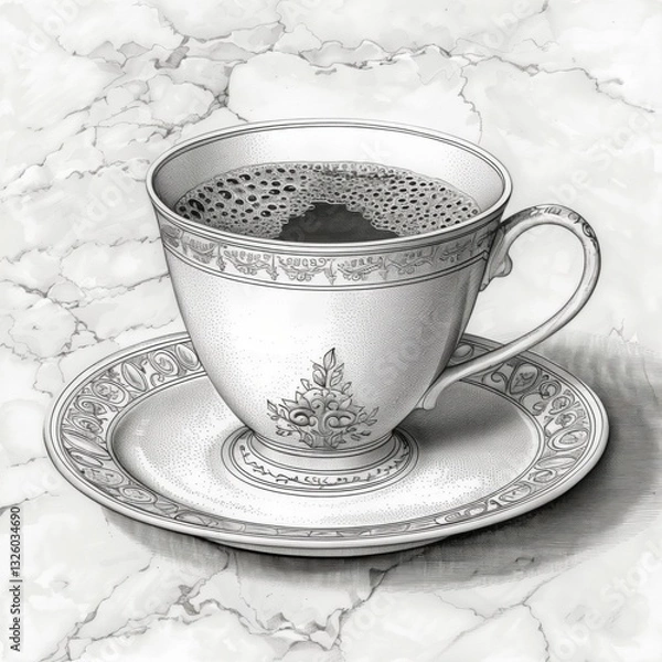 Fototapeta A beautifully detailed coffee cup sits on an ornate saucer atop a sleek marble surface. The rich dark beverage inside radiates warmth in a peaceful morning atmosphere