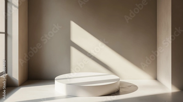 Fototapeta Sleek white podium surrounded by soft shadows and minimalist on beige background.