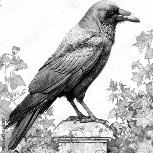 Fototapeta A detailed illustration depicts a raven standing on a weathered stone pedestal. The bird's striking feathers contrast with the surrounding intricate floral designs in monochrome tones