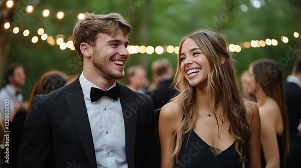 Fototapeta Couple laughing together at an outdoor party, enjoying happy moments, celebrating graduation with joy, and creating lasting memories