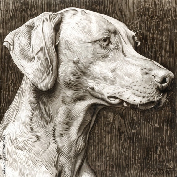Fototapeta A gray dog sits calmly, its expressive eyes conveying a sense of curiosity and contemplation. The detailed fur and the wooden background enhance the serene atmosphere