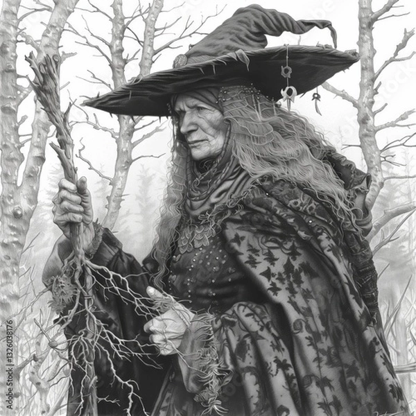 Fototapeta In a dimly lit forest during twilight, a woman with long, flowing hair dons a traditional witch's hat and holds a gnarled staff. She gazes thoughtfully as fog envelops the trees
