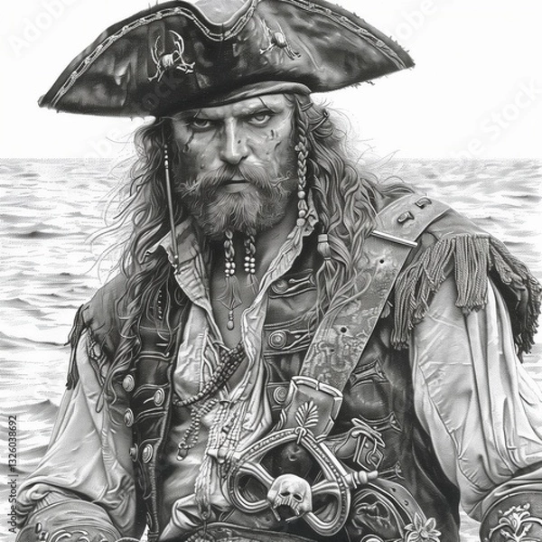 Obraz A pirate captain stands confidently against a backdrop of open water. His intense gaze and rugged features reveal his experience and command over the sea