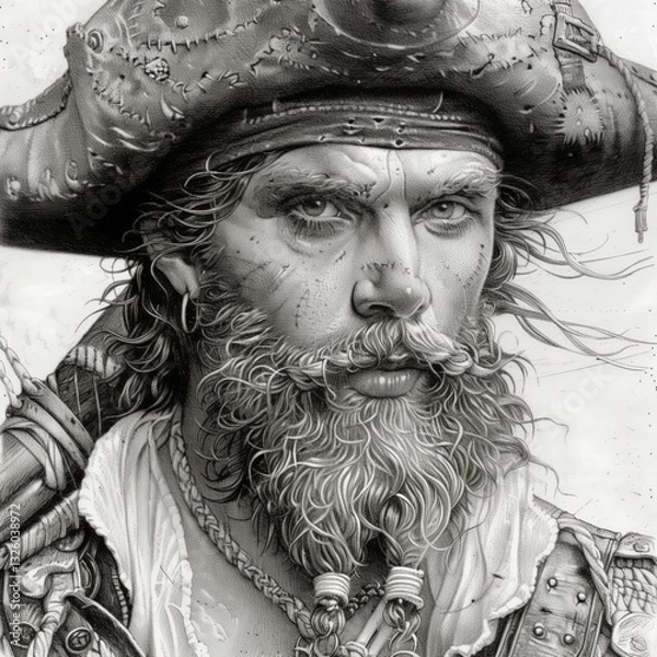 Fototapeta A striking portrait captures a rugged pirate with a tricorn hat, marked facial features, and a bushy beard. The artwork emphasizes the character's fierce expression and vibrant personality