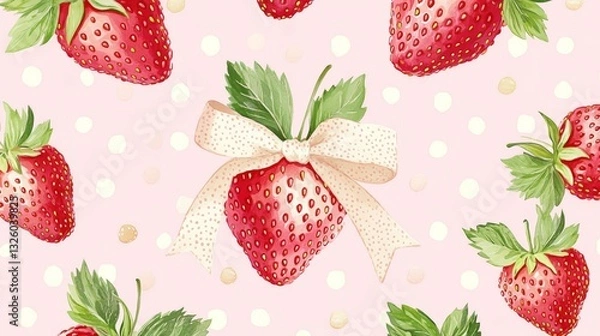 Fototapeta 3.A repeating design showcasing bright strawberries paired with intricate green leaves and tied with pastel ribbon bows. The pink background is decorated with subtle polka dots for added texture and