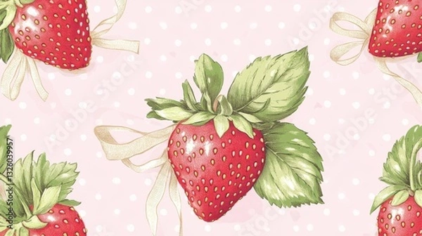Fototapeta 3.A repeating design showcasing bright strawberries paired with intricate green leaves and tied with pastel ribbon bows. The pink background is decorated with subtle polka dots for added texture and
