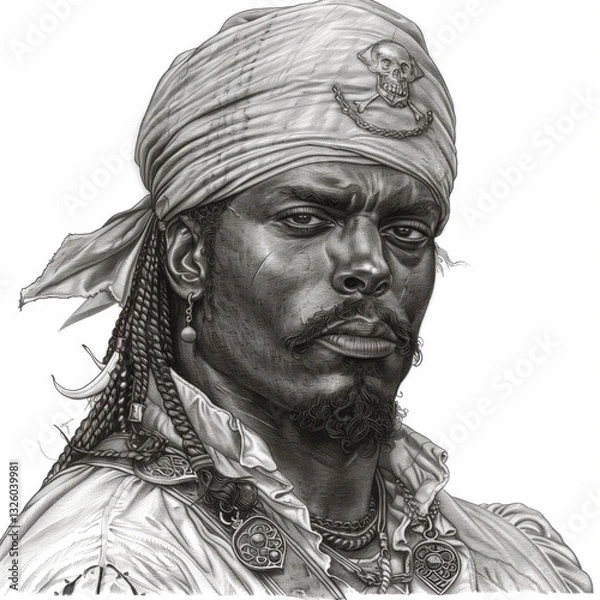 Obraz The artwork showcases a pirate with a determined gaze, wearing a bandana and traditional clothing. Intricate details bring the fierce character to life, highlighting his bold features