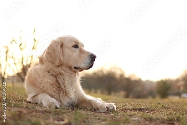Obraz young golden retriever in the park at sunset