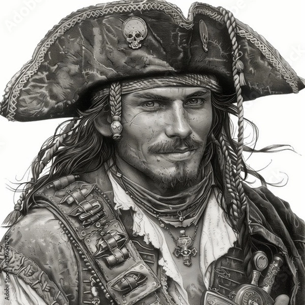 Fototapeta A striking depiction of a pirate with long tousled hair, wearing a large hat decorated with a skull emblem. The sailor exudes confidence and charm, showcasing an adventurous spirit