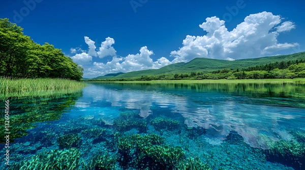 Fototapeta Crystal-clear lake reflects lush greenery and fluffy clouds under a vibrant blue sky, showcasing underwater aquatic plants.