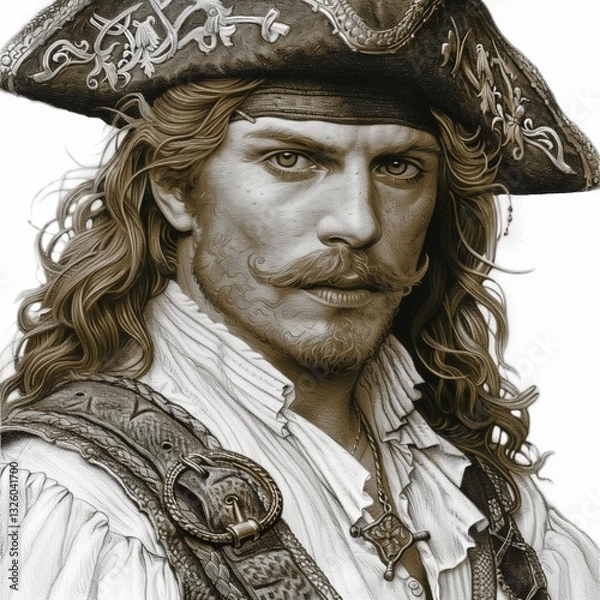 Obraz A pirate with flowing long hair and an ornate hat. His piercing gaze and facial hair convey strength and adventure, evoking the spirit of the sea