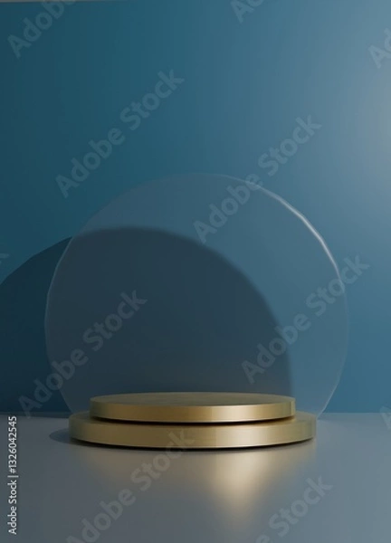Fototapeta 3D Render A gold and clear pedestal with a blue background