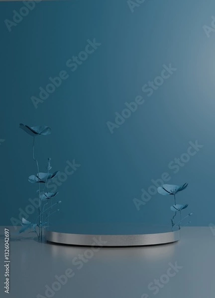 Obraz 3D Render A blue background with a silver object in the center
