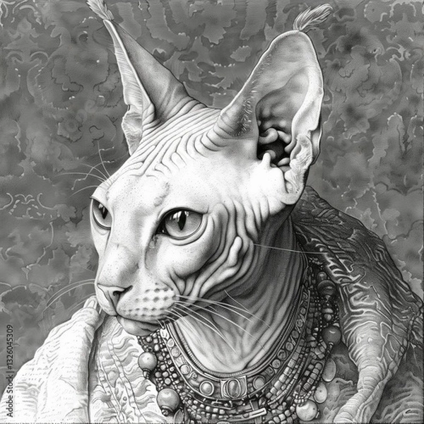Obraz A sphynx cat is captured in detailed monochrome, wearing intricate jewelry and a decorative cloth. The cat's unique features and the ornate accessories create a striking visual contrast