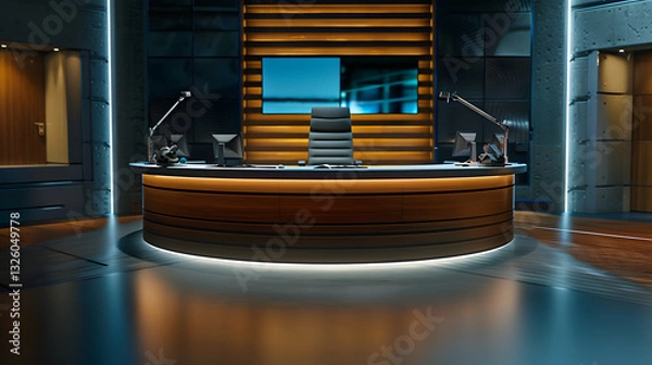 Fototapeta A modern news studio interior includes a sleek pedestal anchorman table, open space, digital screens for video presentations, and contemporary decor.