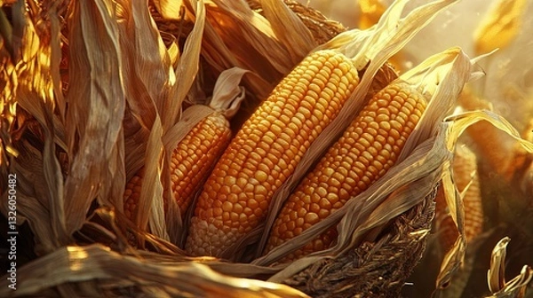 Fototapeta A close-up of ripe, golden corn on the cob in a basket, soft natural light highlighting the texture. digital