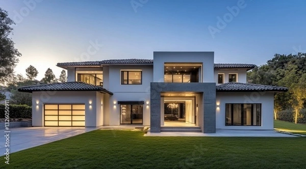 Fototapeta Modern house with two floors, a white and gray color scheme. The roof is made of tiles. There's an open door on the left side leading to a garage with multiple doors