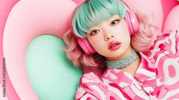 Fototapeta trendy young asian woman with colorful hair, girly headphones and futururistic fashion in pastel pink and green candy color