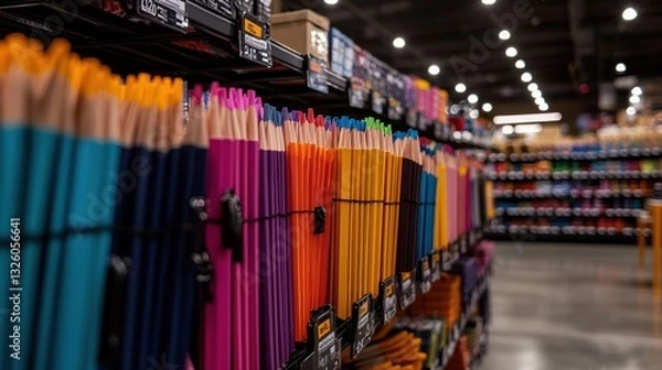 Fototapeta Vibrant Array of Colored Pencils Displayed in a Bright Store Setting
