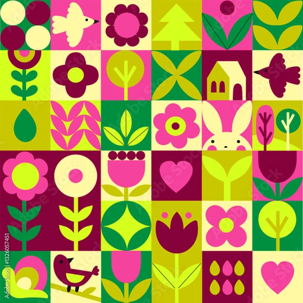 Fototapeta Geometricr spring seamless pattern. Abstract flowers, leaf, shape. Vector