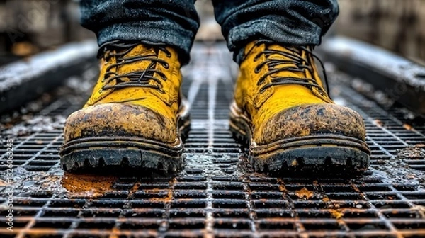 Fototapeta Worker in Yellow Boots Standing on Rusty Grate