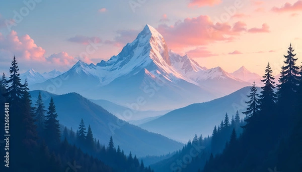 Obraz Majestic snow-capped mountain peak at sunrise with misty forest in a serene natural landscape. 
