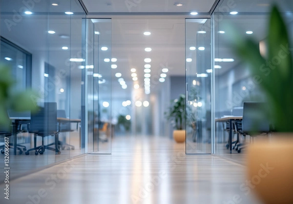 Fototapeta modern office interior with glass walls, wooden flooring, and potted plants creates bright and open workspace. blurred background adds depth and focus to sleek design